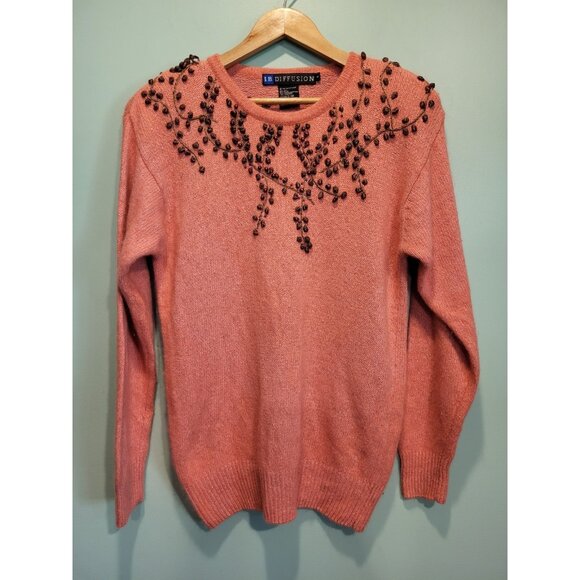 Vtg IB Diffusion Silk Angora Wool Pink Brown Embroidered Beaded Tunic Sweater S - Picture 1 of 7